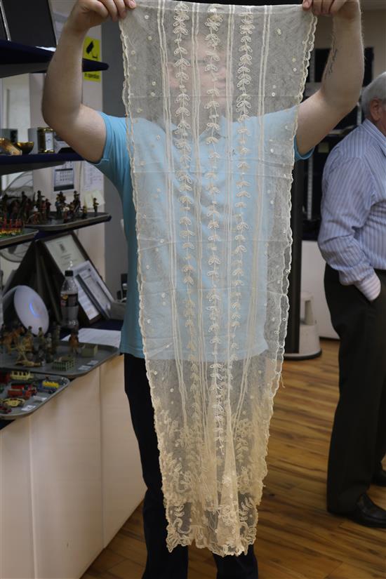 A Brussels needlelace shawl, a lace stole and 2 bonnet veils